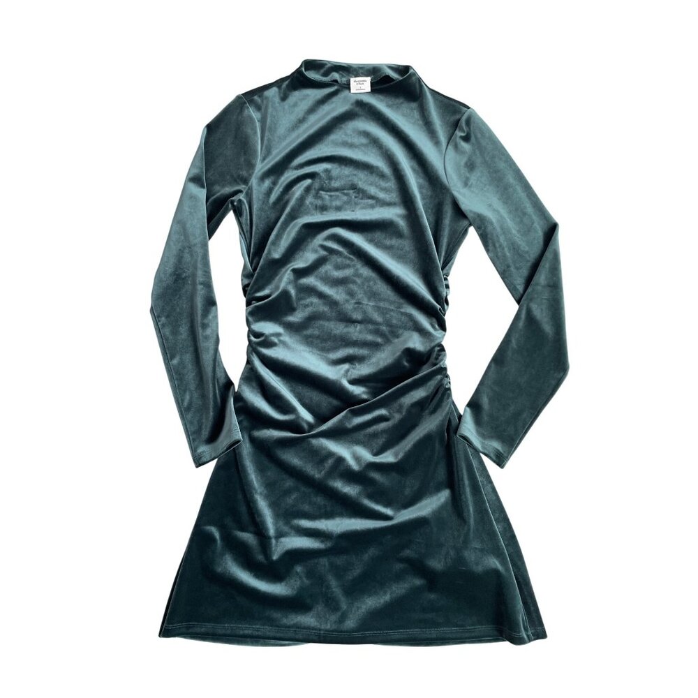 Abercrombie & Fitch Women's Small Green Velour Mock Neck Ruched Mini Dress - Picture 1 of 5